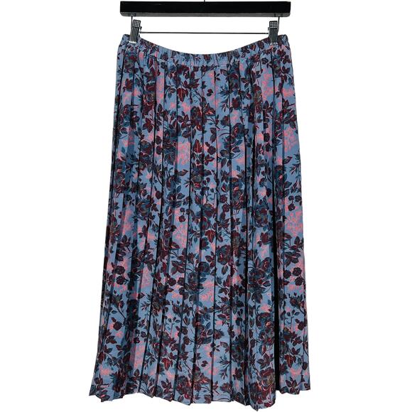 Vintage Leslie Fay Pleated Floral Skirt Midi Elastic Waist Blue Pink - 10 - Picture 1 of 6